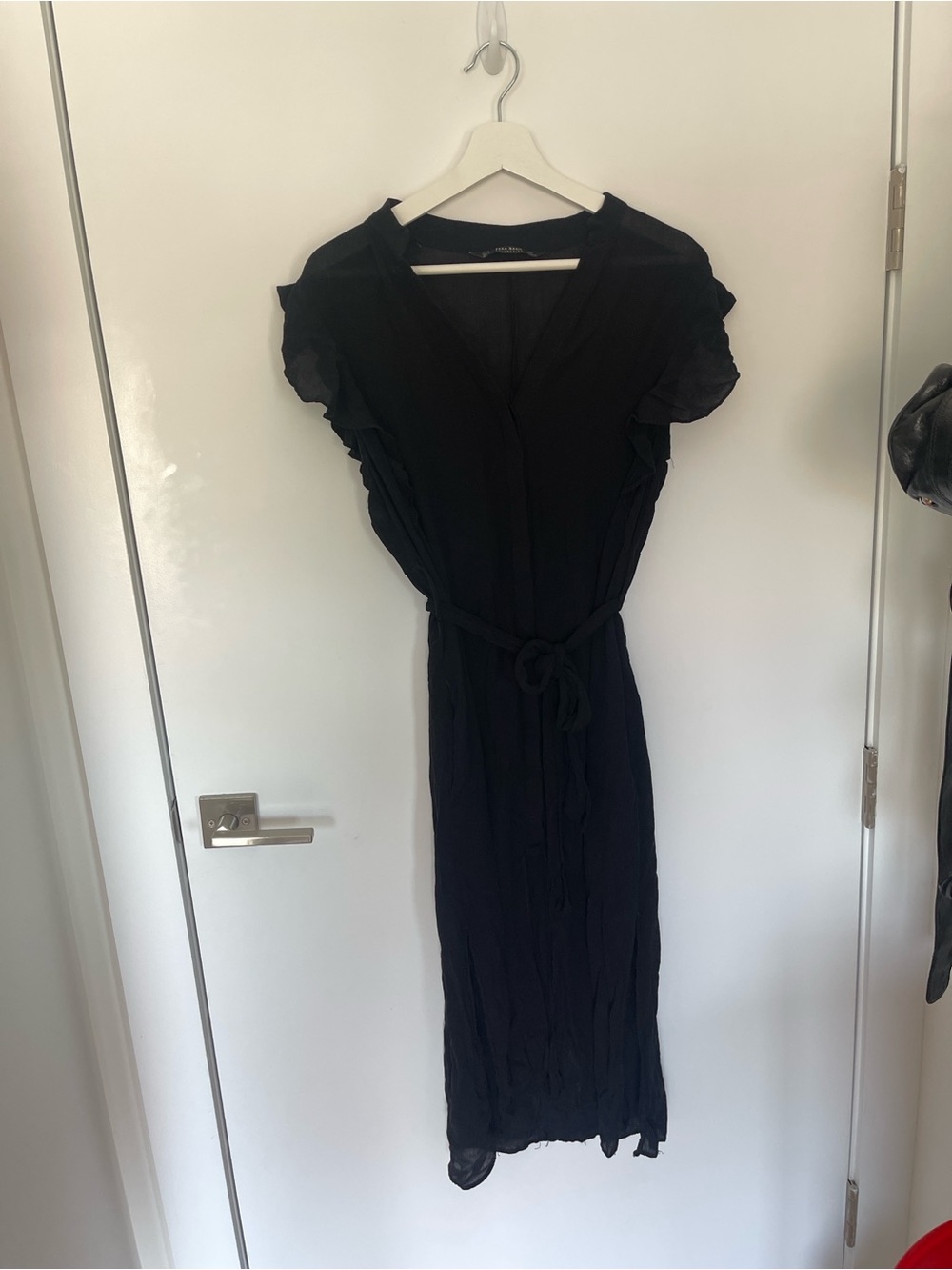 Zara Black V-Neck Tie-Waist Midi Dress